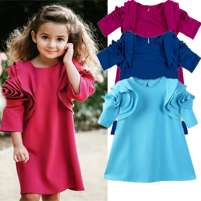 Модное однотонное платье принцессы с длинным рукавом для маленьких девочек