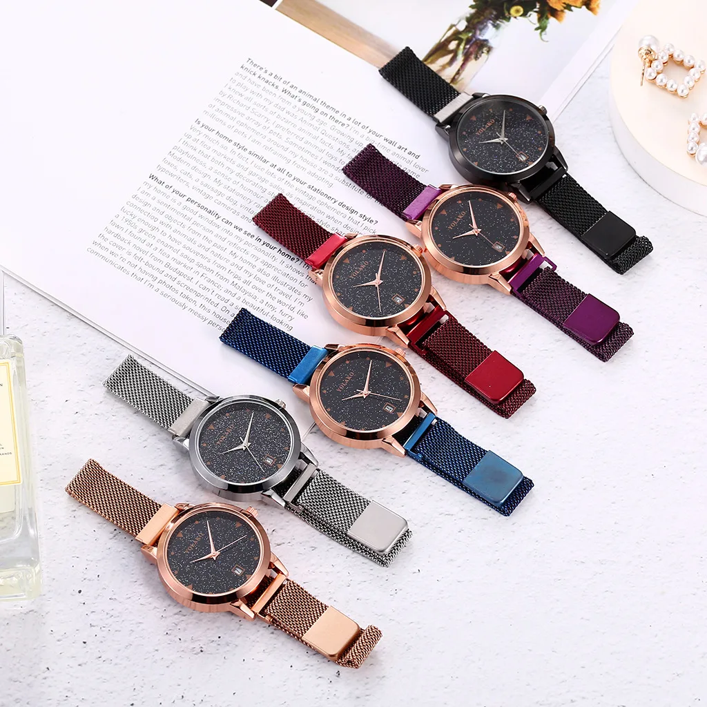 

Fashion Female Wrist Watch Magnet Luxury Gold Alloy Strap Starry Sky Calendar Dial Ladies Quartz Watch For Womens Zegarek Damski