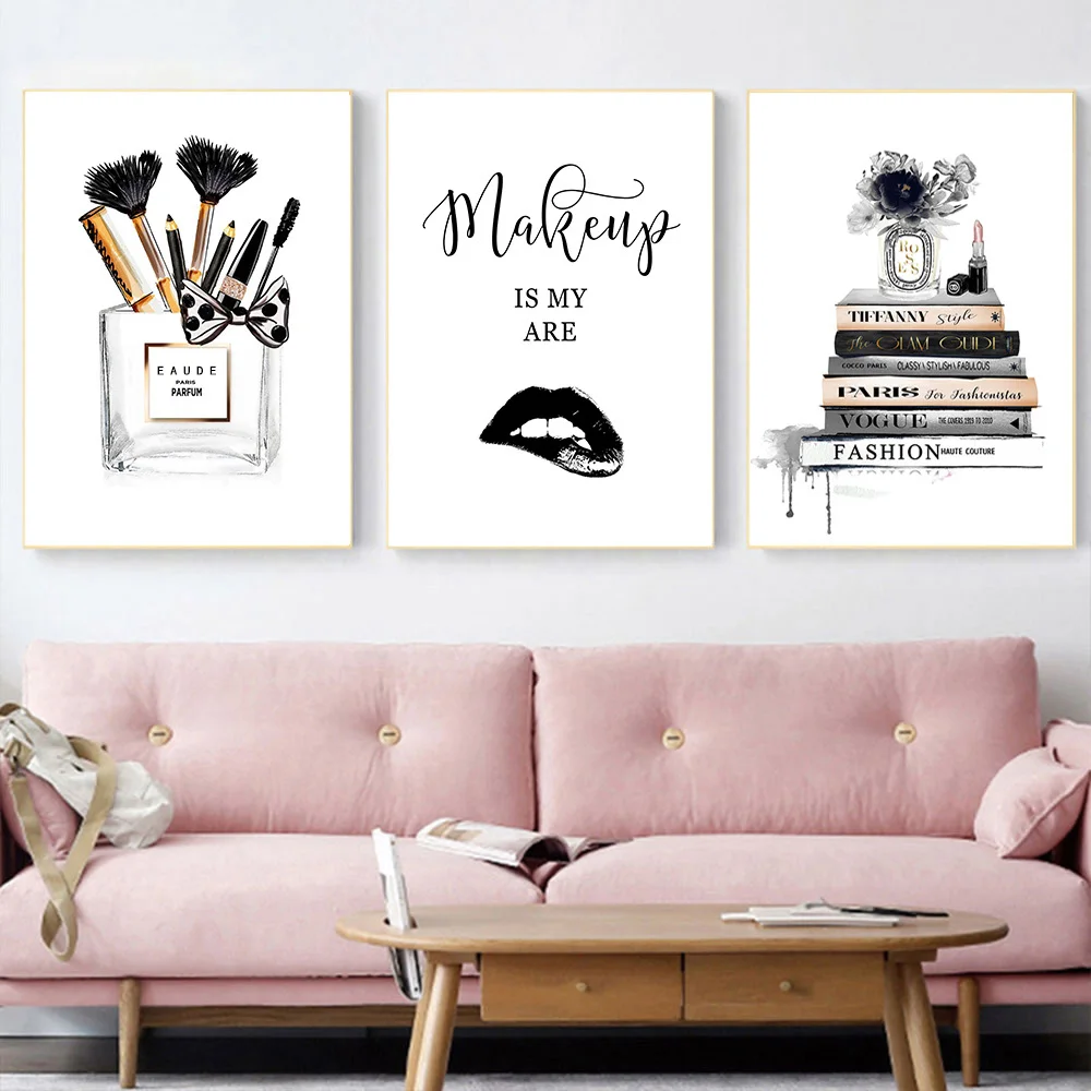 

Perfume Canvas Art Print Book Poster Lips Canvas Painting Makeup Posters Fashion Lady Wall Art Pictures For Living Room Decor