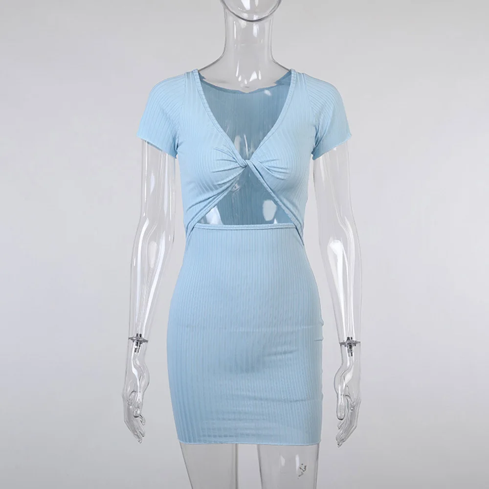 

#140 2021 Female Sexy Sundress Knotted Short-Sleeve Dress Women Summer Sweet Solid Knitted Mini Dress