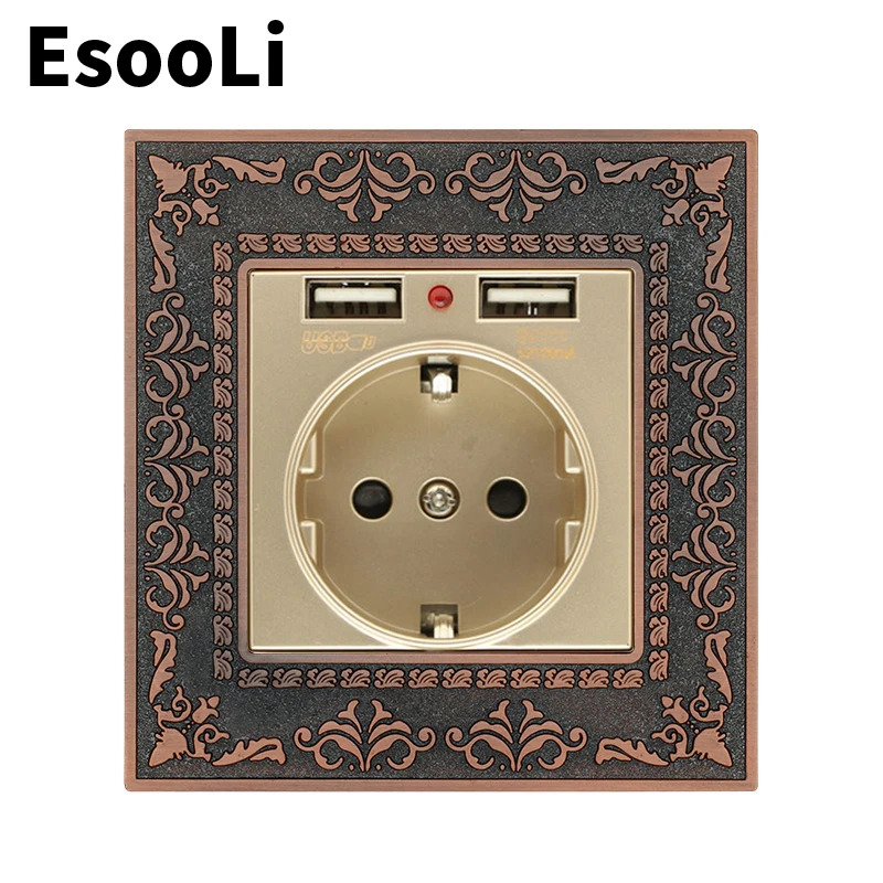 EsooLi 16A EU Standard Gold Power Socket 4D Embossing Retro Zinc Alloy Panel Wall AC 110~250V | Обустройство дома