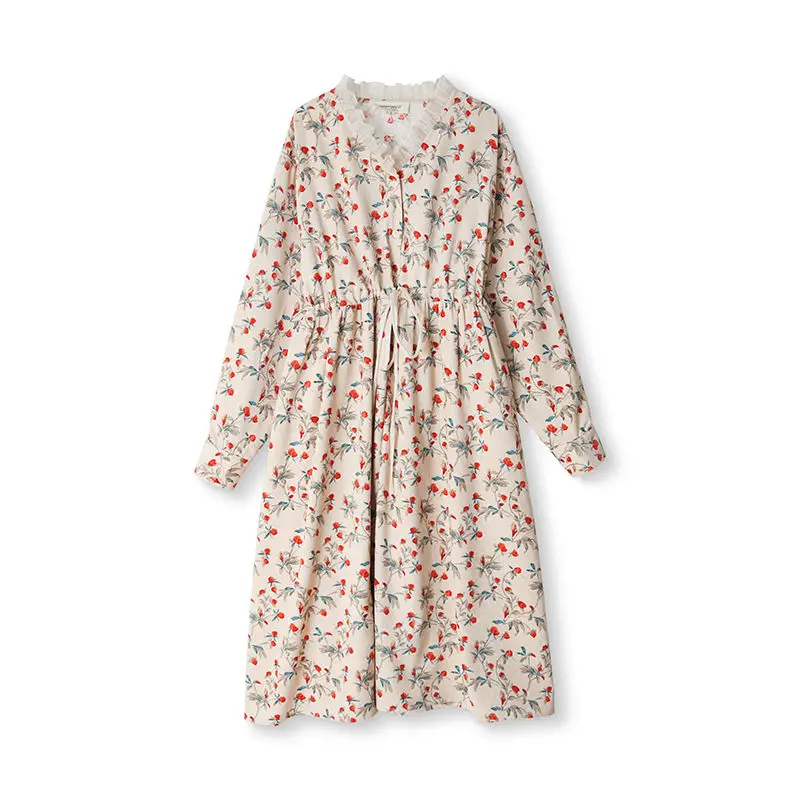 

Long Sleeve Dress Women Floral Vintage Loose V-neck Ruffles Slim Drawstring Sashes Autumn Female All-match Retro Students Casual