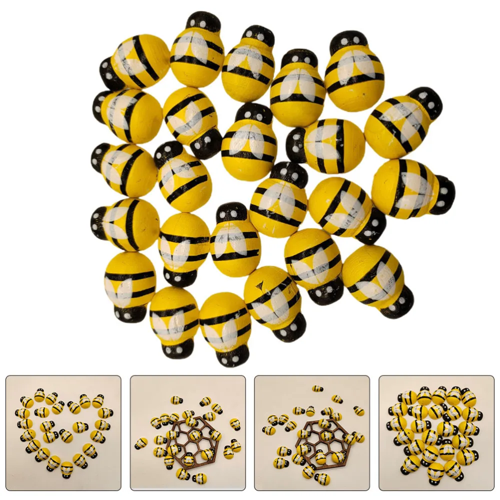 

48Pcs Decorative Wooden Crafts Three-dimensional Bee Adornments (Yellow)