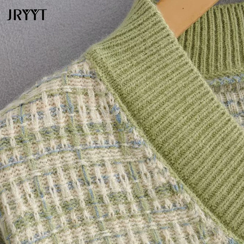 

Women's Long Sleeve Houndstooth V-Neck Loose Sweater Casual Patchwork Plaid Knitted Pullover Early Autumn Tops New 2021