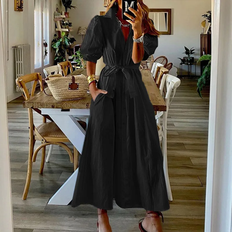 

Puff Half Sleeve Women Midi Dress Solid Sashes A-line Turn-down Collar Single Breasted Casual Dresses Office Lady 2021 Summer