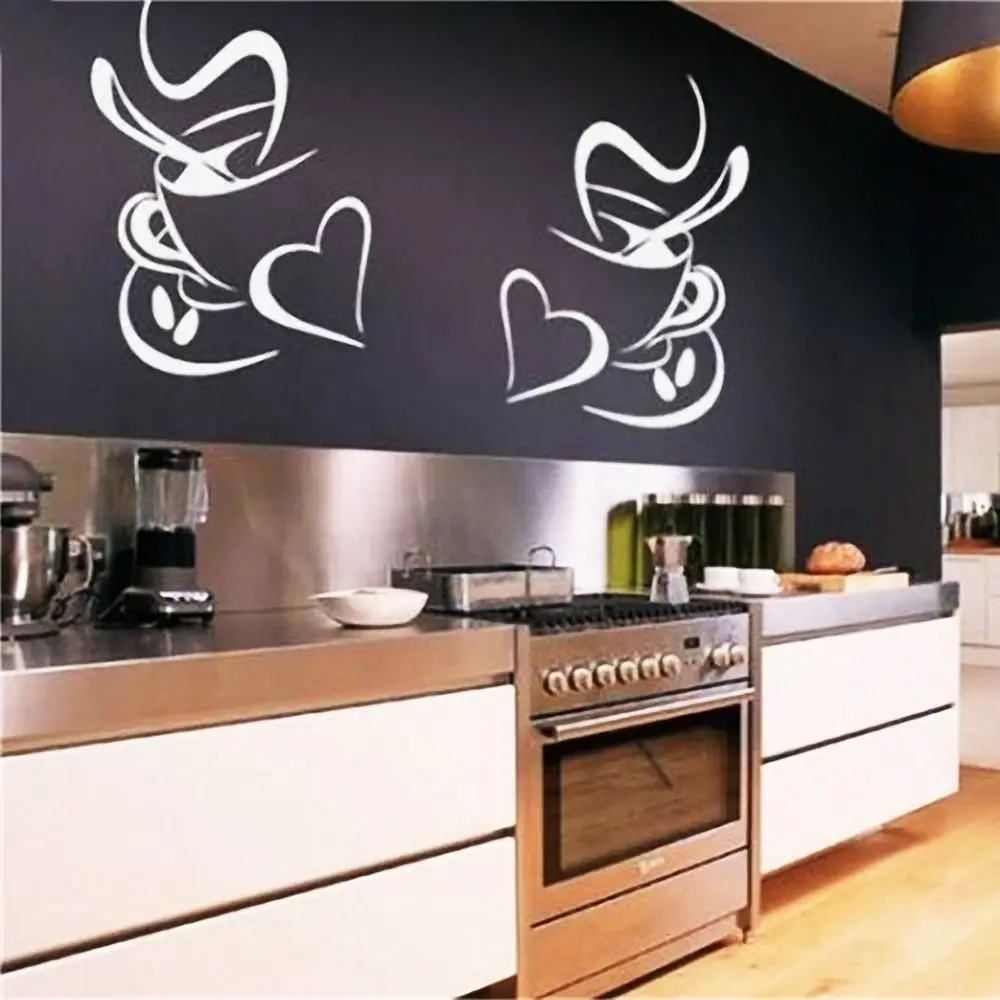 1pair Kitchen Wall Stickers Coffee Cup with Heart Sticker For Cafe Oven Dining Hall DIY Vinyl Adhesive Art Decoration Decal | Дом и сад