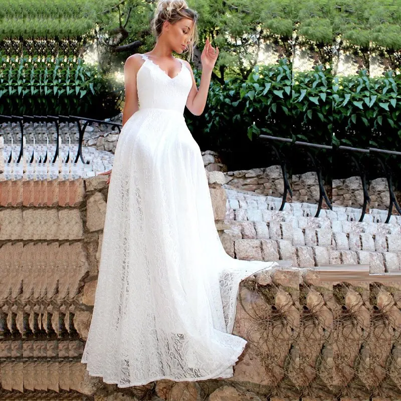 Кружевное пляжное свадебное платье на бретелях спагетти с V образным вырезом и