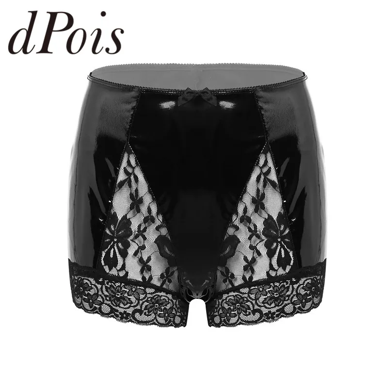Женские шорты из лакированной кожи с кружевной вставкой спереди высокой талией