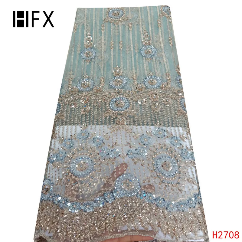 HFX Тяжелая вышитая бисером кружевная ткань ручной работы 3d цветок Роскошная французская сетка кружева Свадебная кружевная ткань dentelle tissu 5 ярдов/лот H2708