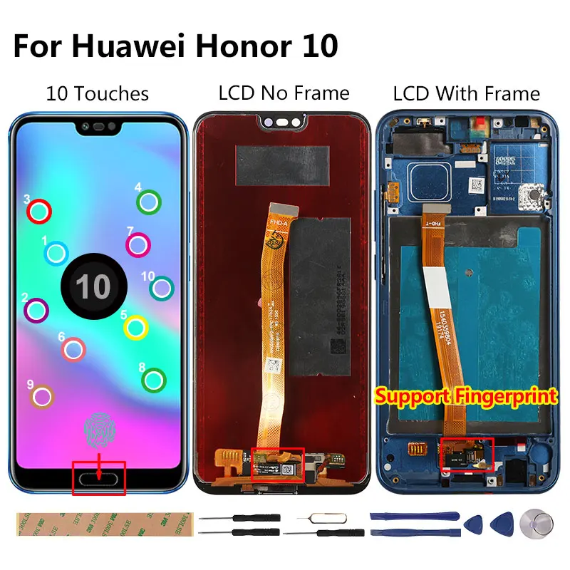 

LCD Screen For Huawei Honor 10 Display With Fingerprint 10 Touches LCD Replacement For Honor 10 COL-L29 L19 AL10 TL10 5.84 inch