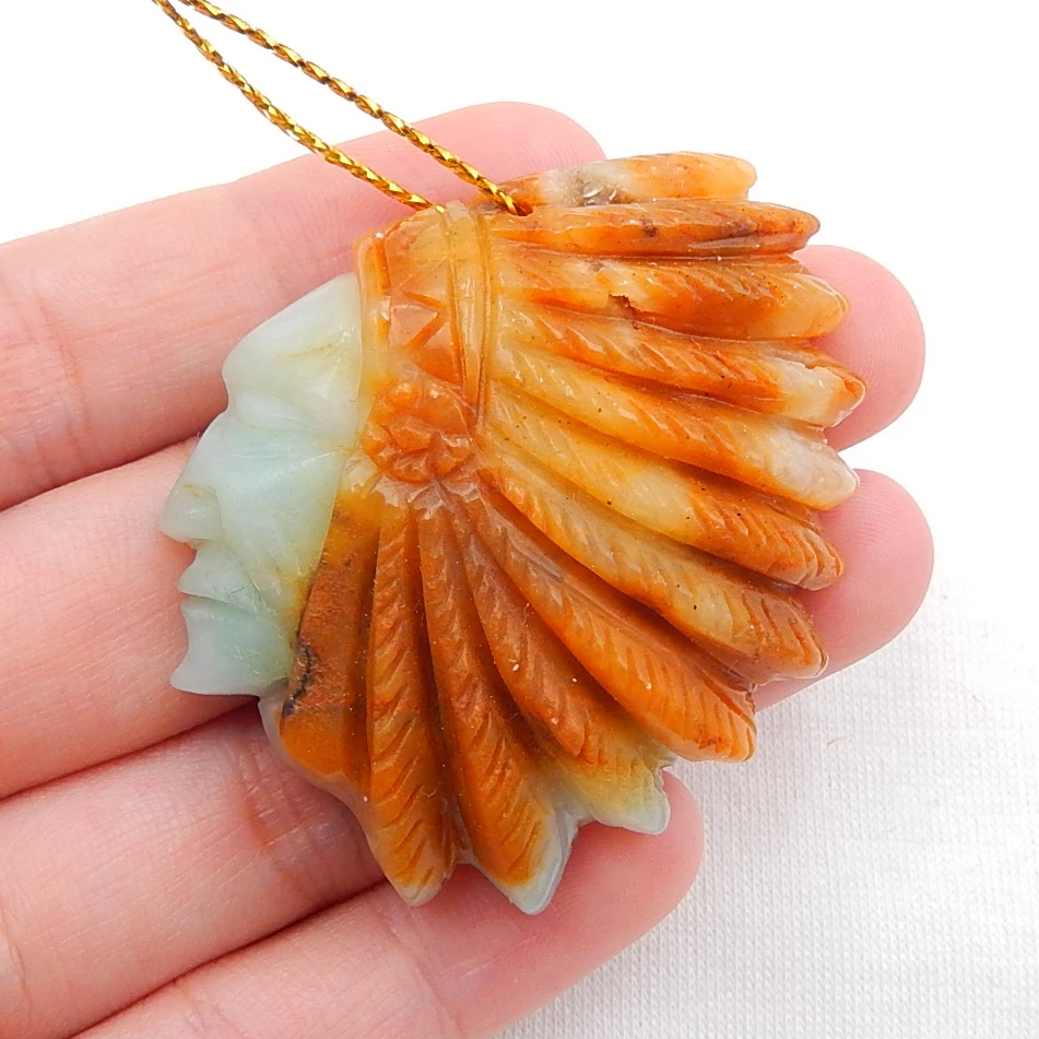 

New Design Natural Amazonite Carved Indian head Fashion Pendant 49x40x12mm28g