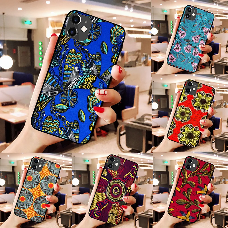 

Phone Case For IPhone 12 Mini 11 Pro XS MAX XR X 6 7 8 Plus Black Cover Silicone Coque Trend African style fabric print Designer