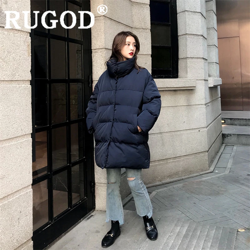 Тёмно-синий RUGOD, Длинная зимняя одежда, женское хлопковое пальто с длинным рукавом, плотное пальто, однотонное повседневное свободное Женское пальто, теплая зимняя одежда, casaco feminino - Цвет: Тёмно-синий