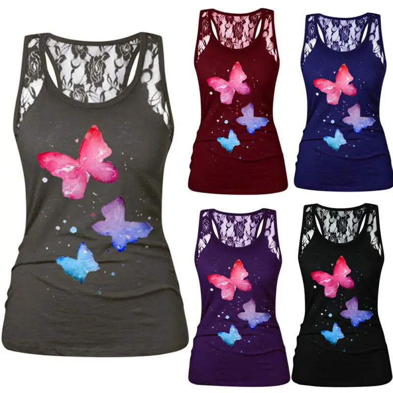 

Womens Casual Lace Splicing Vest Ladies Butterfly Print Summer Sleeveless Tops