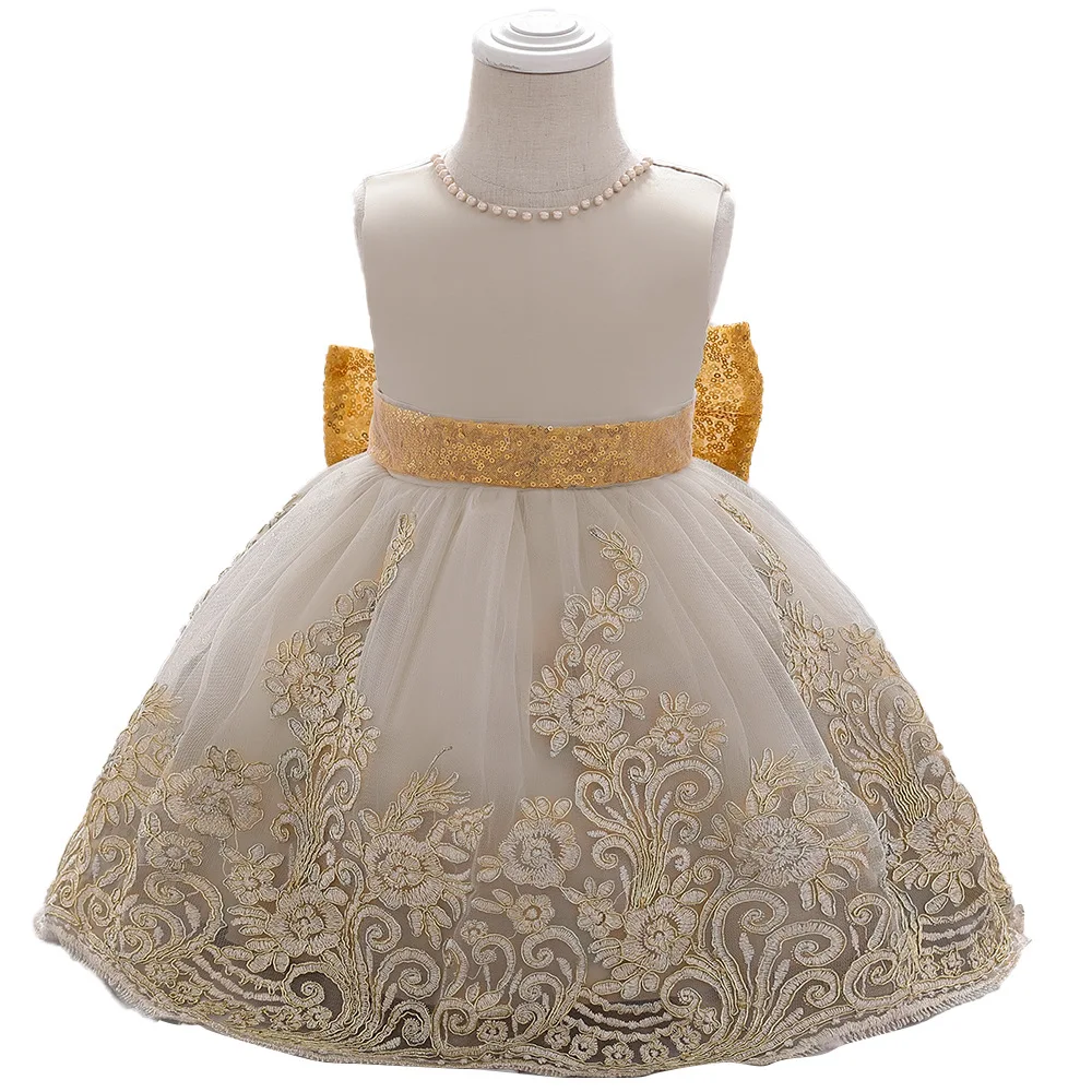 

Squnined Bow Belt Pearl necklace Embroidery Flower kids clothes girls Wedding summer dress платье 2021 Sleeveless Ball Gown