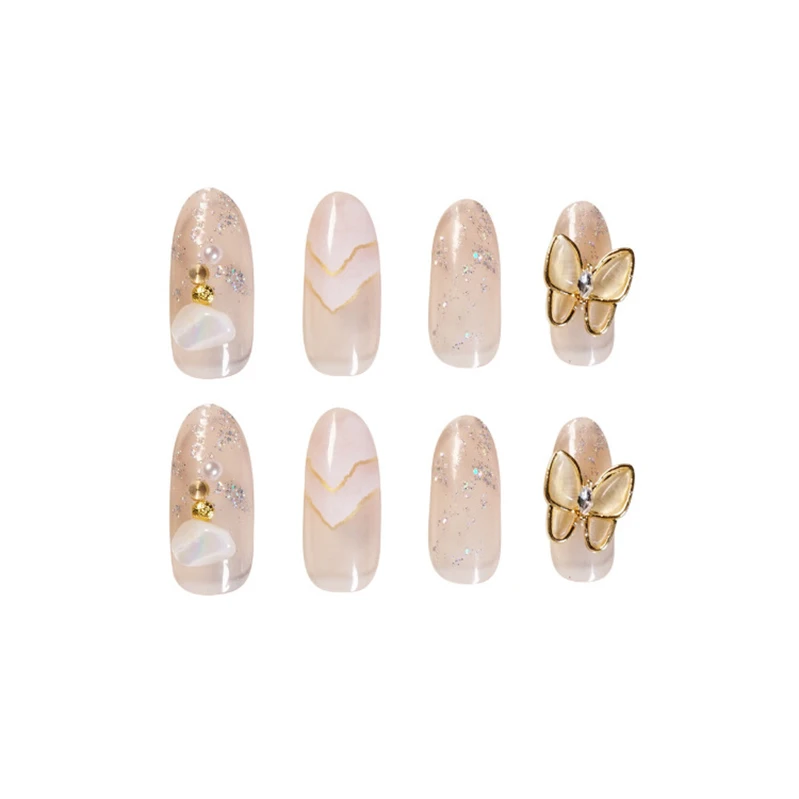

24pcs Butterfly Crystal Pink Transparent Fake Nails Round Full Cover False Nail Art Tips Glitter Press on Nails with Glue Summer
