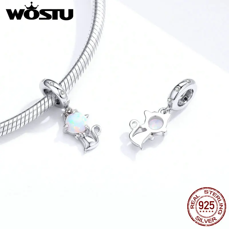 WOSTU милый кот Опал шарик 925 стерлингового серебра Блестящий животных CZ браслеты с