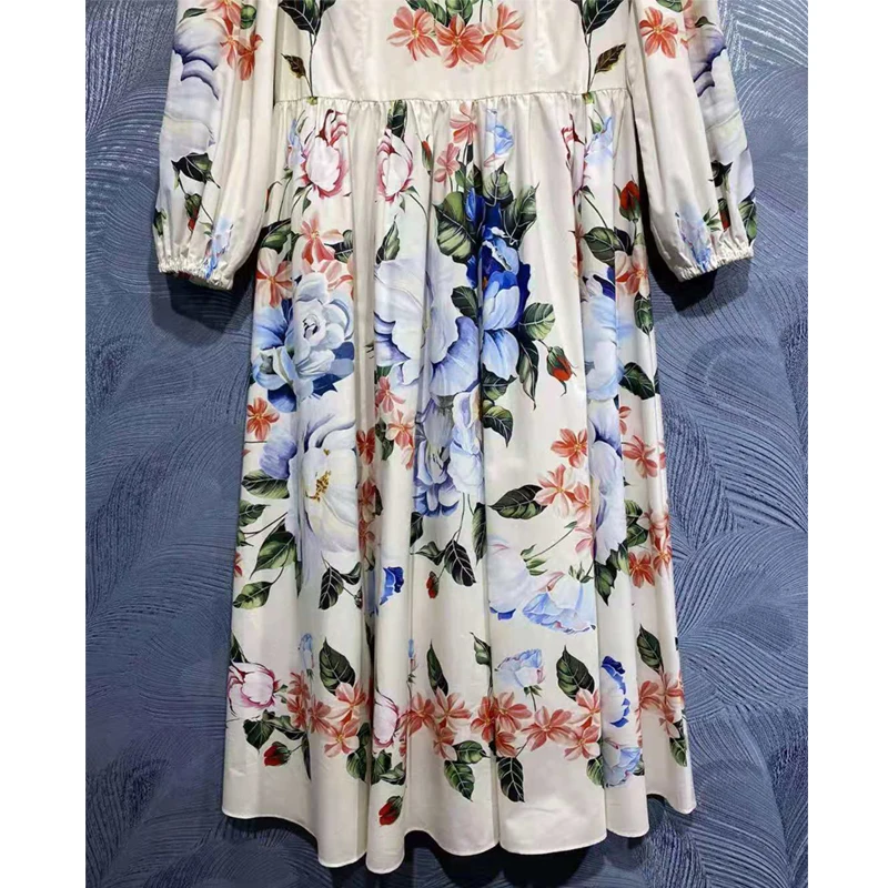 

SEQINYY 100% Cotton Dress Fashion Design Summer Spring New Vintage Flowers Print High Quality Women A-Line