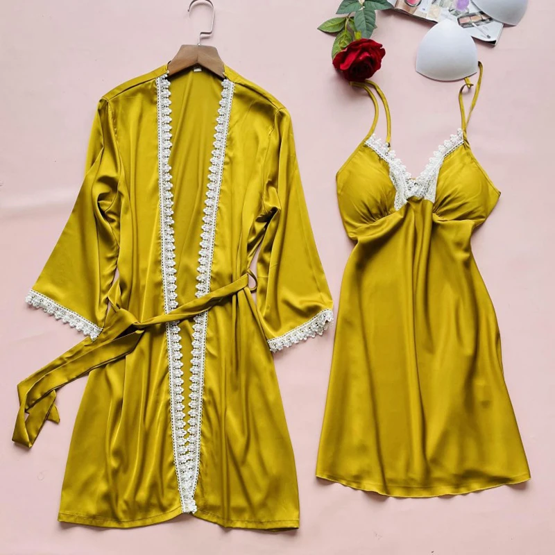 

Fiklyc Robe Gown Sets 2021 New Design Summer Nightwear 2Piece Underwear Lounge Sleepwear Sexy Home Clothing Temptation Ice Silk