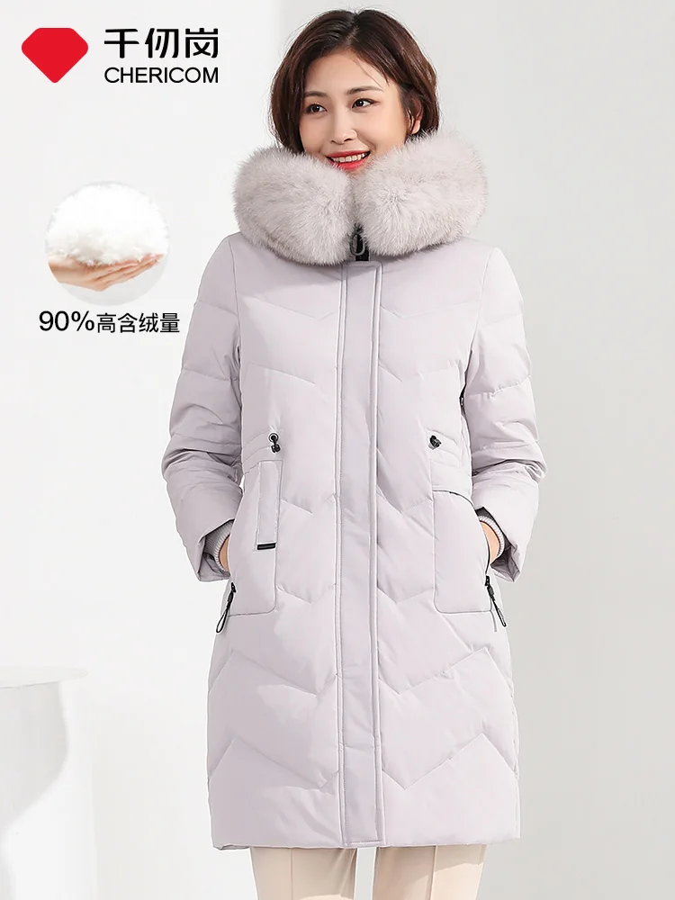 Пуховик женский средней длины с меховым воротником однотонный|Женские пуховики|