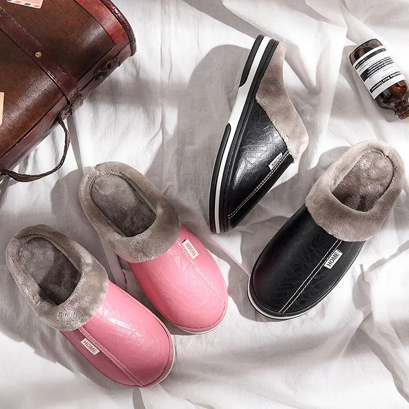 Плюшевые тапочки Мужская обувь Домашние мужские Водонепроницаемая кожаная