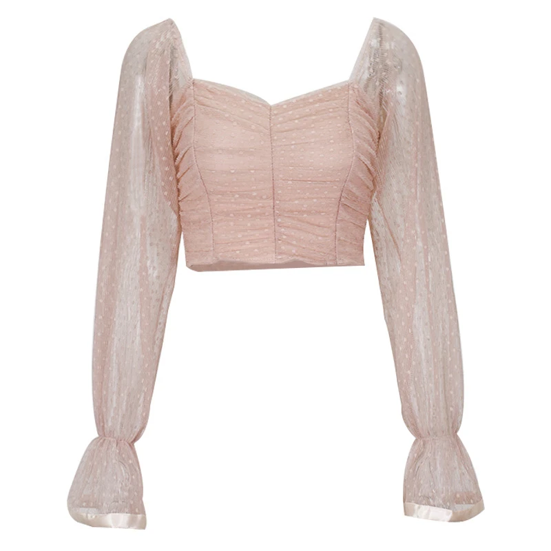 

New Sweet Pink Black Blouse Women Puff Sleeve Ruffles Mesh Polka Dot Crop Tops Vintage Big Square Collar Solid Color Blusas 2020