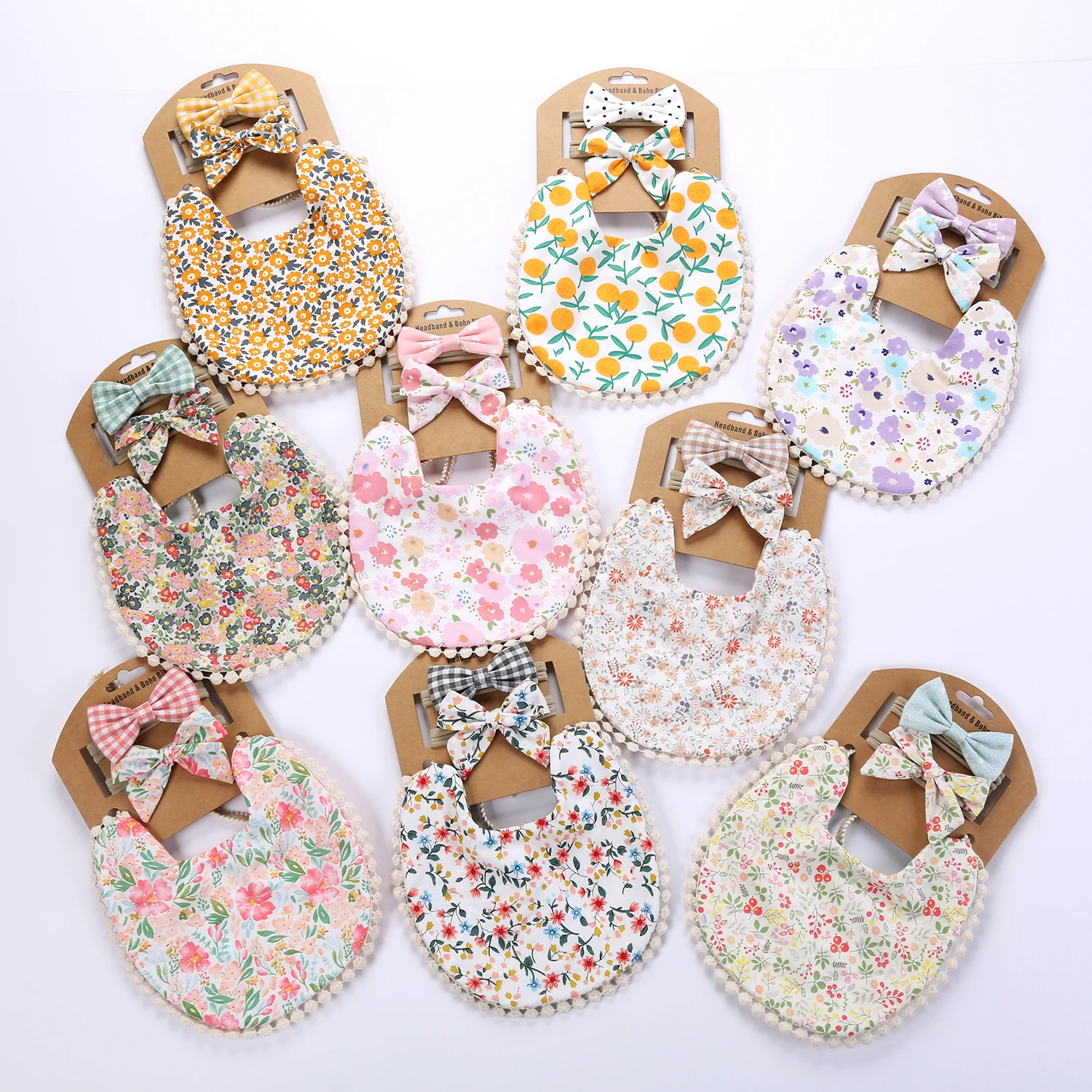 3Pcs Baby Headband Tassel Saliva Towel Floral Print Newborn Double Side Bibs Boys Girls Bandana Burp Cloths Feeding Smock Stuff images - 6