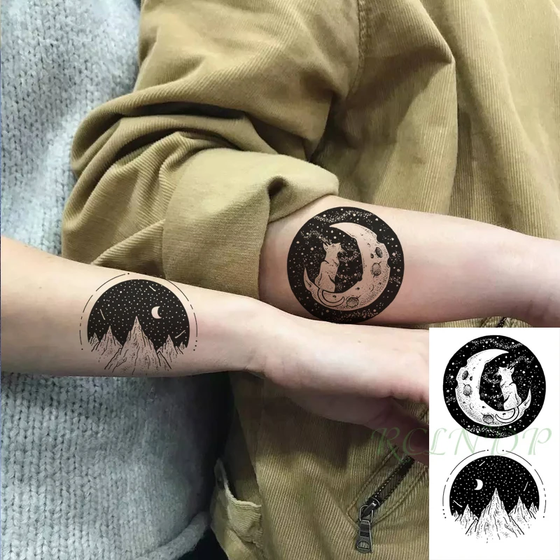 

Водостойкая Временная тату-наклейка, горная луна, волк, Геометрическая флэш-тату, искусственная татуировка для рук, рук, шеи, боди-арт для женщин и мужчин