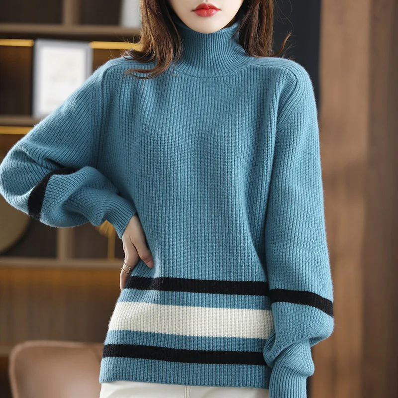 Autumn And Winter New High-Neck Pullover Knitted Women's Striped Lazy Style Loose High-End Fashion Thick Sweater 100% Pure Wool