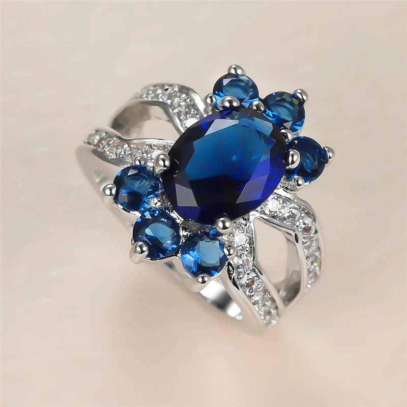 

Charm Female Blue Oval Crystal Ring Dainty Silver Color Wedding Rings For Women Luxury Bride Round Zircon Engagement Ring