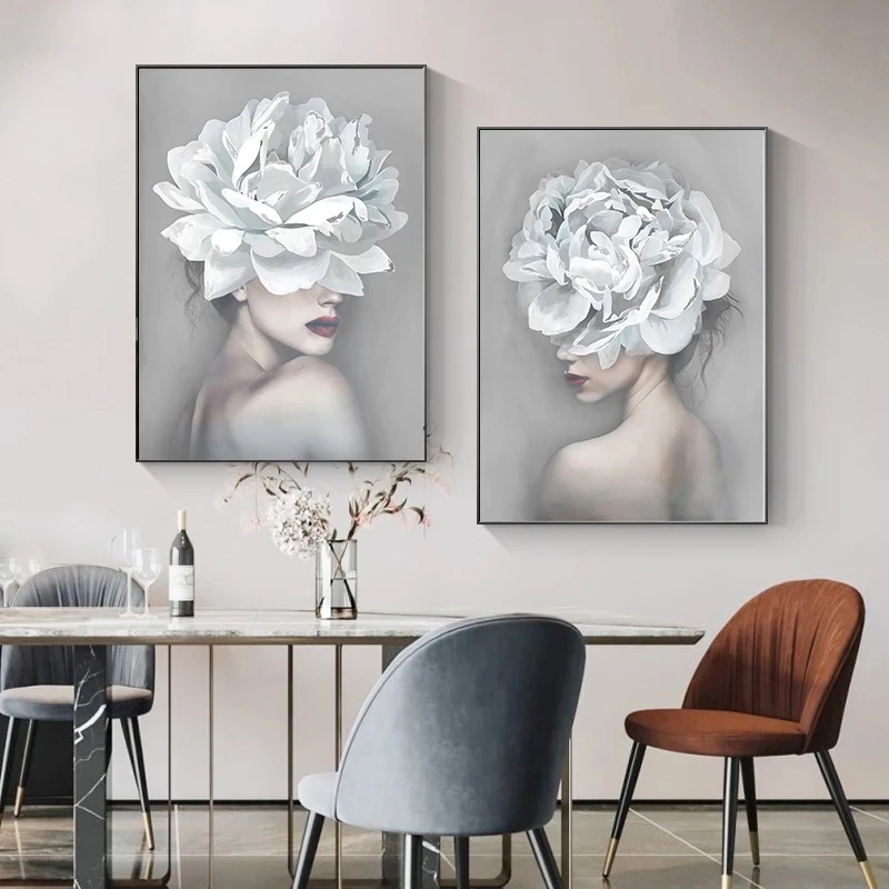 

Wall Art Modern Abstract White Flower Posters Prints Women Figure Picture Nordic Canvas Paintings Living Room Bedroom Decoration