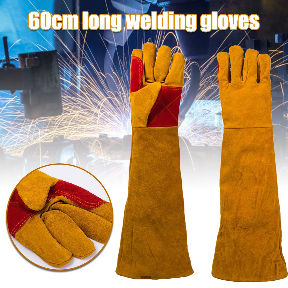 

Welding Gloves Lined Leather Lengthened Fireproof Heat Resistant Welder Protection Work Gloves Cuffed Gloves краги сварочные