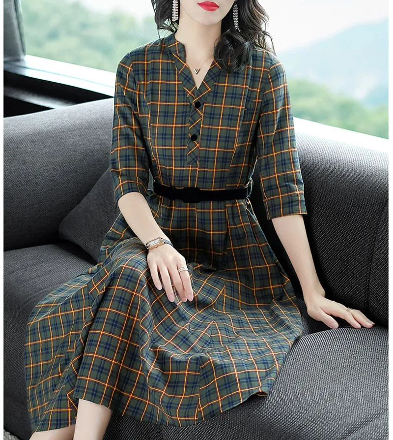 Новое Ретро английское большое Свободное длинное платье приталенное клетчатое