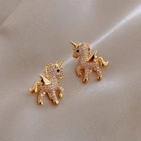 cute horse zircon stud earrings for women girls animal owl cat fish tail gold color pearl wedding party jewelry new sweet gifts