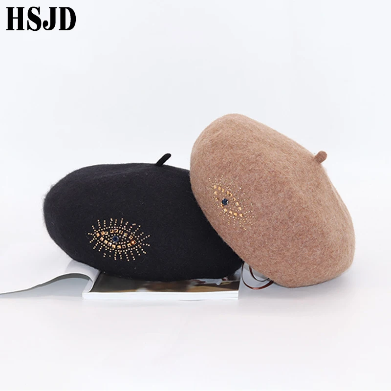 Женский шерстяной берет на осень и зиму Стильный винтажный со стразами декор с