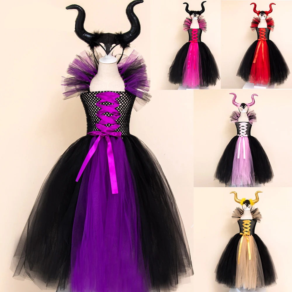 Юбка пачка Maleficent Of Evil Queen платья для девочек с рогами костюм ведьмы на Хэллоуин