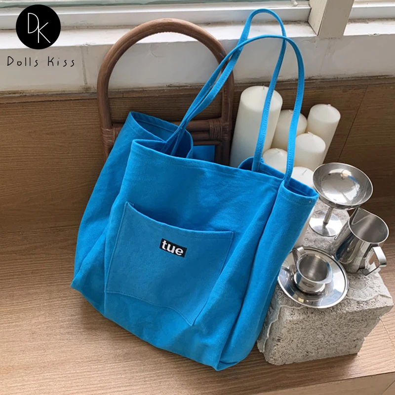 

Women Canvas Shopping Bag Ladies Simple Solid Color English Printing Shoulder Bag Female Eco-Friendly Grocery Bag Large Totes