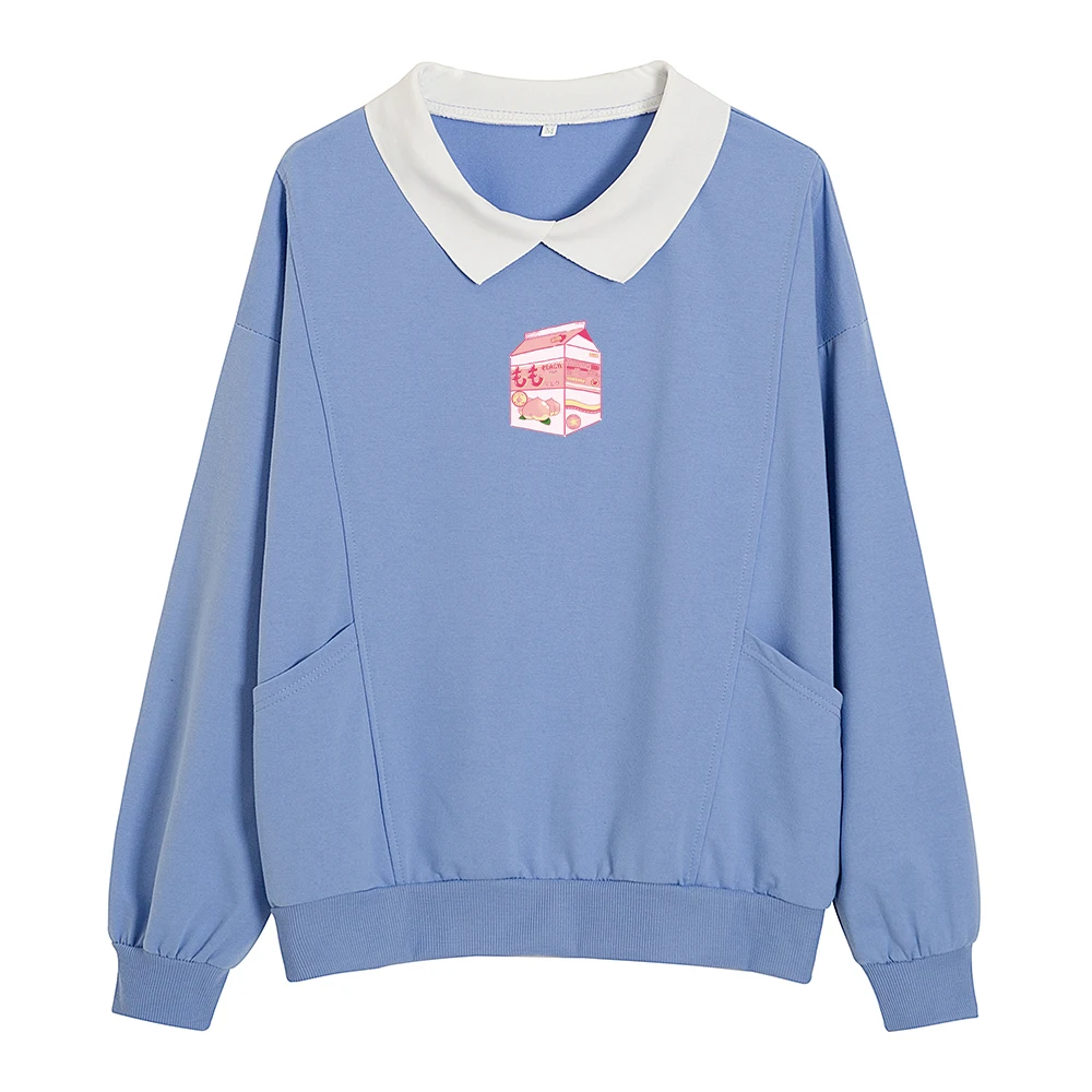 Womens Comfy Cute Sweatshirts Japanese Streetwear Clothes Woman Hoodies Kawaii Turn-down Collar Strawberry Printing Sweetshirts