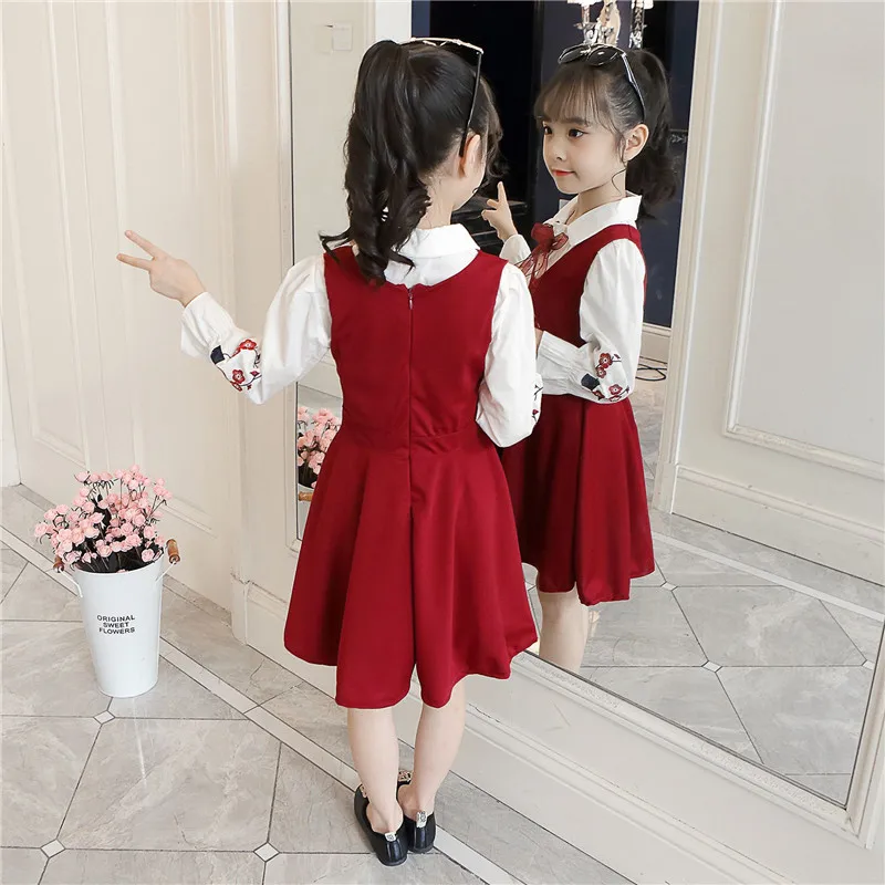 

Girls Cotton Dress Set 2PCs Autumn Fashion Girls Vest Dresses+embroidery Blouse New Style Girl Overalls Dress Cotton Girls Dress