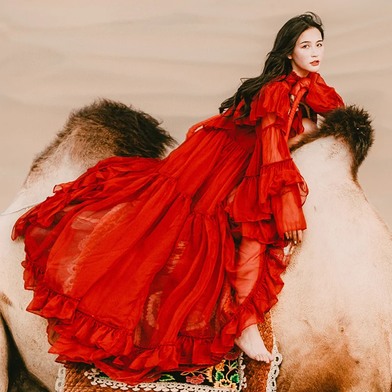 

Bohemian Holiday Maxi Red Dress Summer Women Chiffon Ruffles Flare Sleeve Long Beach Dress Vintage Slim Big Swing Dress