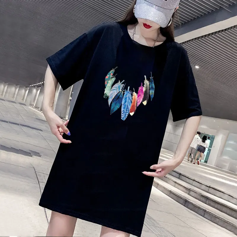 

Women Plus Size Dress Colored Feathers Print Short Sleeve Casual Loose Summer Femme Streetwear Simple Harajuku Tshirt Mini Dress