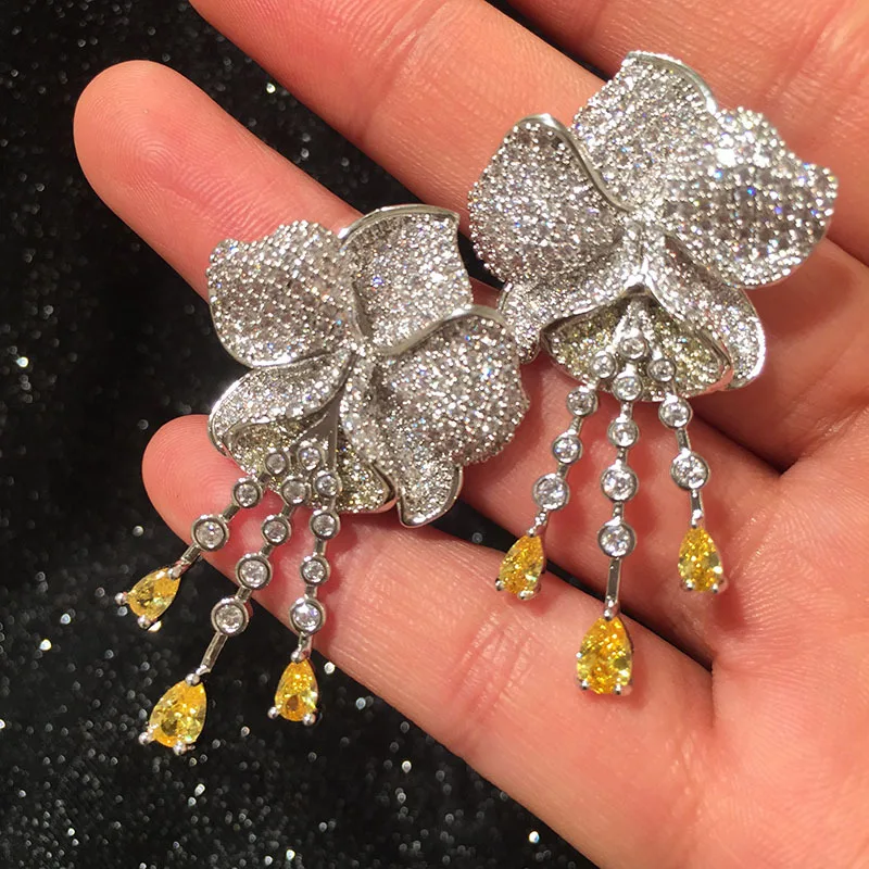 

S925 Silver Needle Luxury Flower Tassel Earrings Dinner Earrings 210319-09