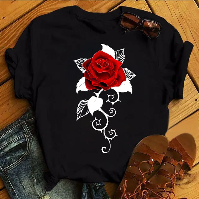 

ZOGANKI Red Rose Musical Note Printed T Shirt New Fashion Women Black T Shirt Harajuku Cute Graphic Tee Shirt Female Casual Tops