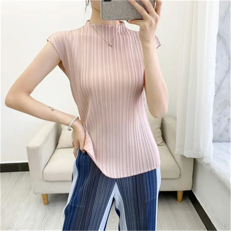 

Miyake pleated solid color top women's summer casual sleeveless slim-fitting vest half high collar bottoming shirt all-match