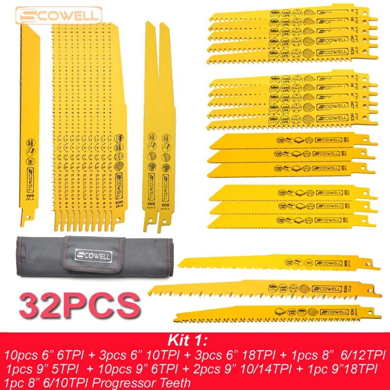 Набор лезвий для сабельной пилы набор из 32 шт. резки металла и дерева 6/8/9 дюймов