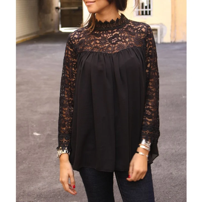 Пикантные Женские топы и блузки Черная кружевная блузка с цветочным принтом