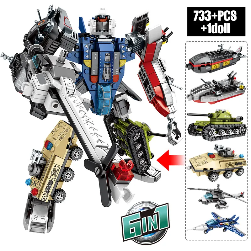 6in1 трансформации Робот строительные блоки городской полиции военного танка
