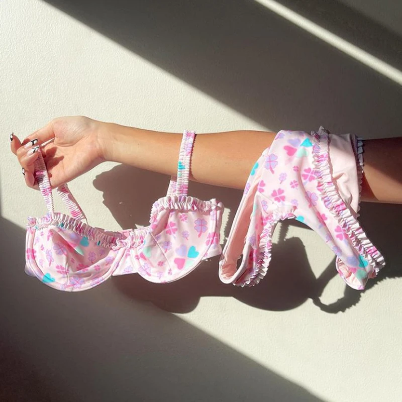 

Розовый купальник, милые купальные костюмы с цветочным рисунком, пляжная одежда из двух предметов с косточками