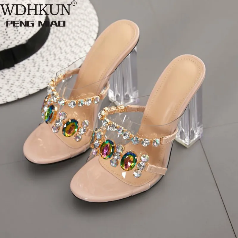 

WDHKUN Summer Fashion Crystal Diamond Slides Clear PVC Transparent Slippers Women Shoes Peep Toe High Heels Mules Dress Pumps