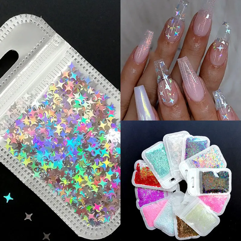 

10g Holographic Octagonal Star Glitter Mixes Hollow Star Nail Sequins Cross Star Glitters Nail Glitter Sequins 3D Nail Art Tips